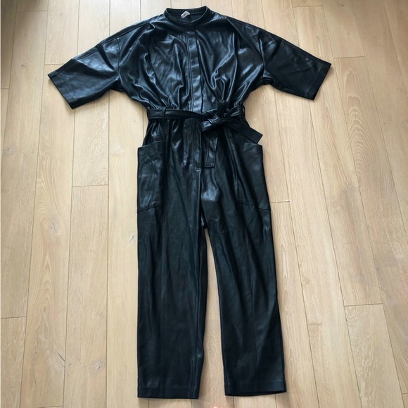 Mango MNG Play Suit Leather Tie Waist Jumpsuit in Black size L - Picture 2 of 16